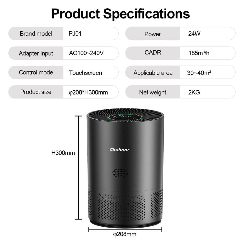 Chuboor Air Purifiers for Home H13 True HEPA for Bedroom Room kitchen washroom for Smoke and Dust Pollen Odors PM2.5 Detection 185m ³/h CADR supports Tuya app for 30-40 square meters of Clean Purifier Effectively improve air quality allergen