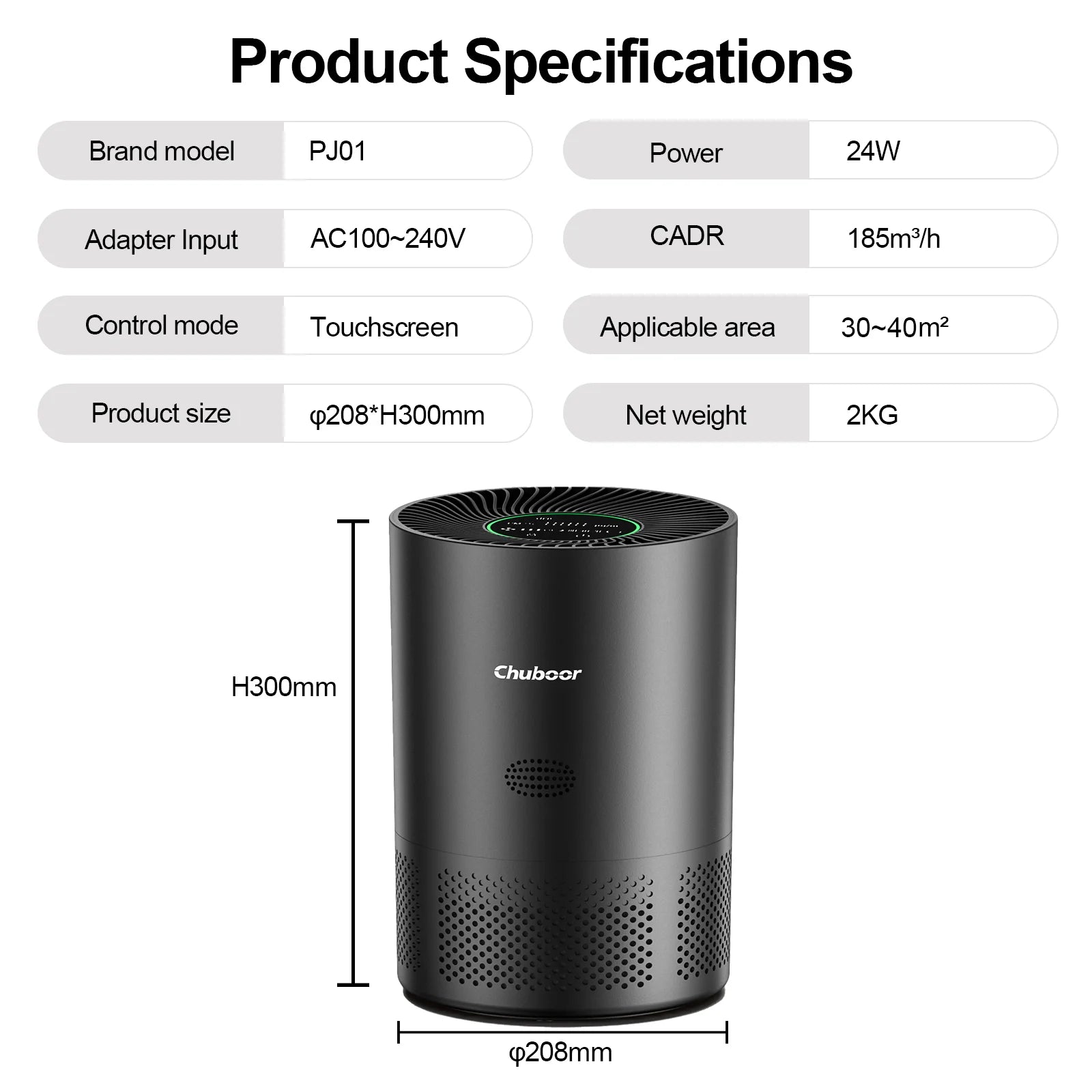 Chuboor Air Purifiers for Home H13 True HEPA for Bedroom Room kitchen washroom for Smoke and Dust Pollen Odors PM2.5 Detection 185m ³/h CADR supports Tuya app for 30-40 square meters of Clean Purifier Effectively improve air quality allergen